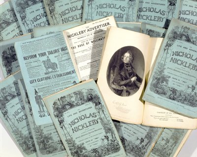 Maandelijkse uitgaven van Het leven en de avonturen van Nicholas Nickleby door Charles Dickens (1812-70), gepubliceerd in 1839 door English School