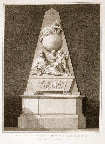 Monument opgericht ter nagedachtenis aan Sir Isaac Newton in Westminster Abbey, illustratie uit David Humes The History of England, uitgegeven door R. Bowyer, Londen, 1812 door English School