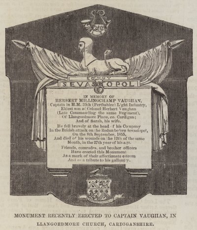 Monument onlangs opgericht voor Kapitein Vaughan, in Llangoedmore Church, Cardiganshire door English School