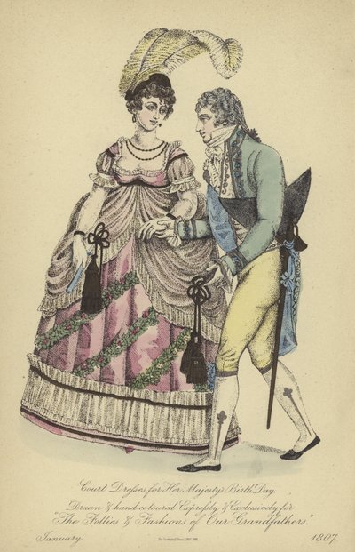 Ochtendkleding voor dames en heren (gekleurde gravure) door English School