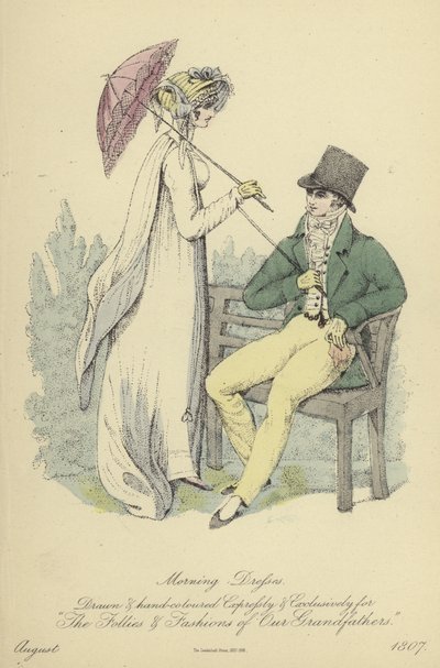 Ochtend- en avondkleding voor dames en heren (gekleurde gravure) door English School