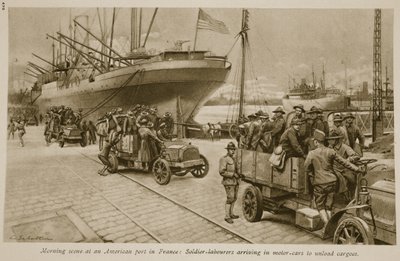 Ochtendscène in een Amerikaanse haven in Frankrijk: soldatenarbeiders arriveren in auto