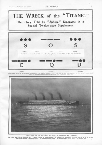Morsecode signalen en illustratie van het stoomschip aangemeerd in Cherbourg 