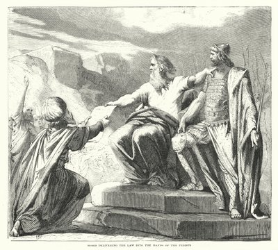 Mozes geeft de wet aan de priesters (gravure) door English School