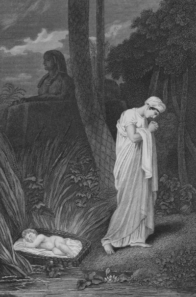 Mozes achtergelaten in het Biezenmandje (gravure) door English School
