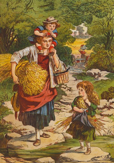 Moeder en kinderen keren terug van de oogst (kleurenlitho) door English School