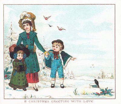 Moeder en kinderen lopen in de sneeuw, kerstkaart door English School