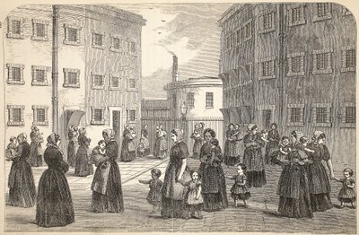 Moeders, met hun kinderen, aan het oefenen in Tothill Fields Prison, illustratie uit The Criminal Prisons of London and Scenes from Prison Life door Henry Mayhew en John Binny, uitgegeven in 1862 door English School