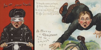Motorfiets-thema kerstkaart (chromolitho) door English School