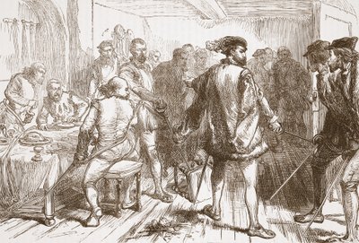 De bende van Moucharis valt de protestanten aan in de herberg in de Faubourg St. Germain, illustratie uit De Geschiedenis van het Protestantisme door James Aitken Wylie, gepubliceerd in 1878 door English School
