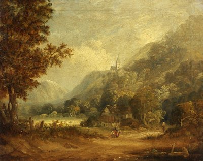 Berglandschap met Kerk en Boerderij door English School