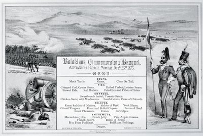 Gemonteerd geïllustreerd menu voor het Balaklava Herdenkingsbanket gehouden in Alexandra Palace, 25 oktober 1875 door English School