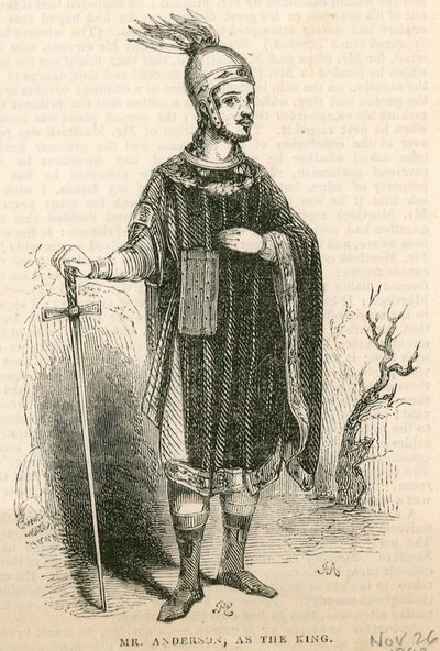 Mr Anderson in de titelrol van het toneelstuk King Arthur, Drury Lane Theatre, Londen door English School
