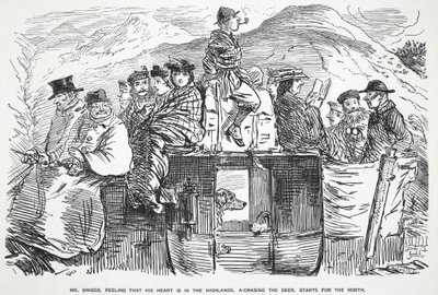 Mr. Briggs, die voelt dat zijn hart in de Hooglanden is, op jacht naar het hert, vertrekt naar het noorden, illustratie uit Punch door English School
