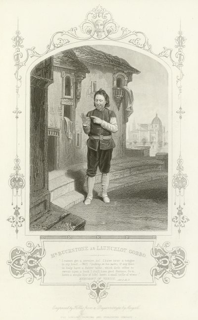 Meneer Buckstone als Launcelot Gobbo, De Koopman van Venetië door English School