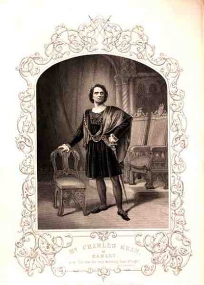 Mr Charles Kean als Hamlet, Act III Scene 2, in het toneelstuk van William Shakespeare (1564-1616) naar een daguerreotype van Paine van Islington (gravure) door English School