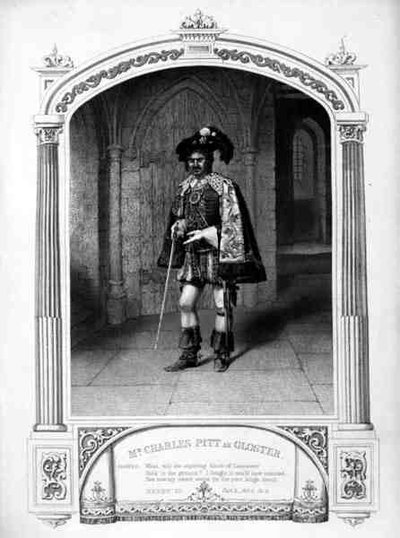 Mr Charles Pitt als Gloster, Act V Scene VI, in Henry VI (Part 3) door William Shakespeare, gegraveerd door Thomas Sherratt van een daguerreotype door Paine door English School