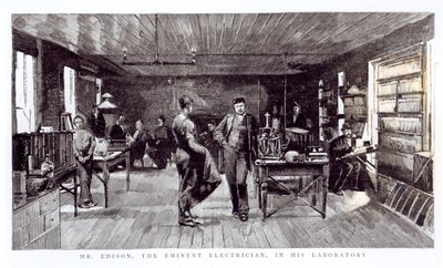 De heer Edison (1847-1931), de eminente elektricien, in zijn laboratorium door English School