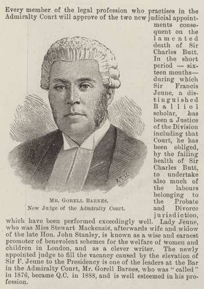 Mr Gorell Barnes, Nieuwe Rechter van het Admiraliteitsgerechtshof door English School