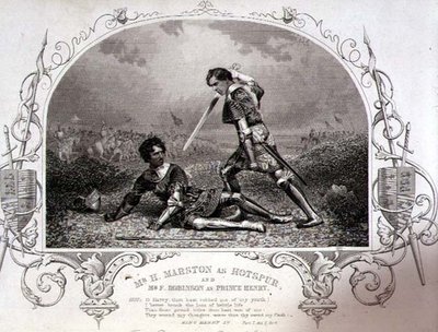 Mr. H. Marston als Hotspur en Mr. F. Robinson als Prins Hendrik, Act V Scene 4 uit Henry IV (Part I) van een daguerreotype door Paine van Islington, uitgegeven door John Tallis & Co. (litho) door English School