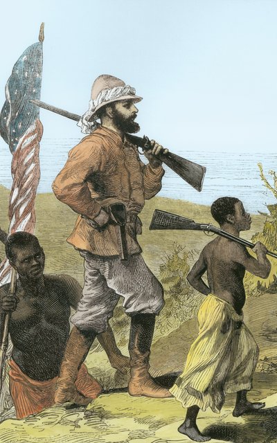 Mr. Henry Morton Stanley (1841-1904) nadert het Tanganyikameer (later ingekleurd) door English School
