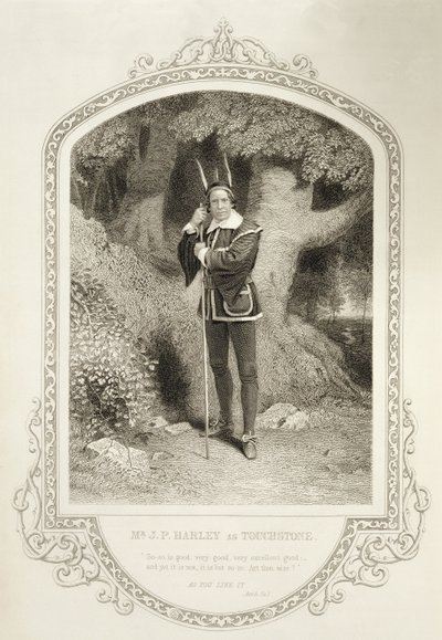 De heer J.P. Harley als Touchstone, Act V Scene 1, in Zoals u het wilt door William Shakespeare (1564-1616) gegraveerd door George Hollis (1792-1842) van een daguerreotypie door J.P. Mayall (1810-1901) door English School