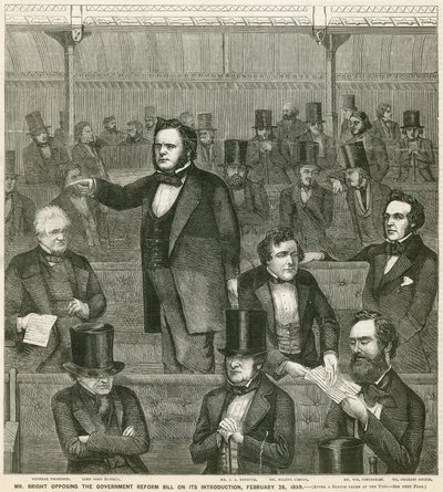 De heer John Bright verzet zich tegen de Hervormingswet van de regering bij de introductie, 28 februari 1859 door English School