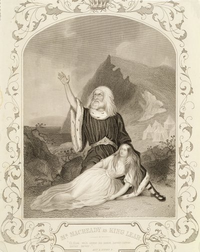 De heer Macready als Koning Lear, Act V Scene 3, in het toneelstuk door William Shakespeare (1564-1616) door English School