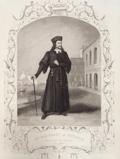 Mr Macready als Shylock, Act I Scene 3, in De Koopman van Venetië door William Shakespeare (1564-1616) door English School
