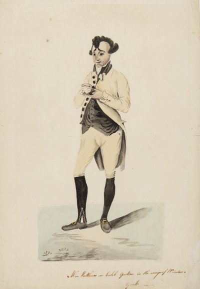 Mr. Matthews als Caleb Quotem in de Wags of Windsor, York, ca. 1820 door English School
