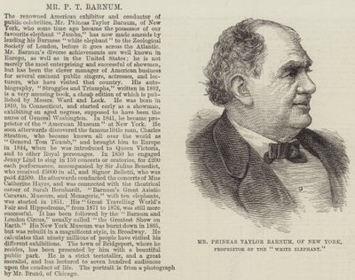 Mr Phineas Taylor Barnum, uit New York, eigenaar van de "Witte Olifant" door English School