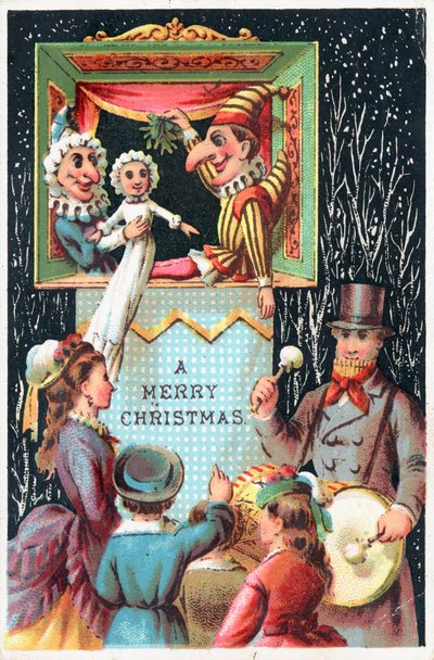 Mr. Punch met maretak, kerstkaart door English School