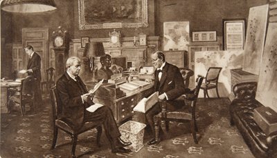 Mr. Winston Churchill in zijn kamer bij de Admiraliteit, in overleg met Admiraal van de Vloot Lord Fisher van Kilverstone, uit The Illustrated London News, 19 december 1914 door English School