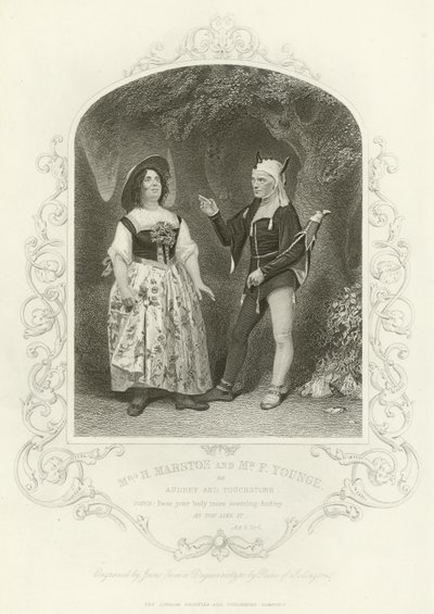 Mevrouw H Marston en F Younge als Audrey en Touchstone, Zoals U Het Wilt, Act V, scène iv door English School