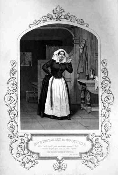 Mrs Winstanley als Mrs Quickly, Act II Scene 2, in The Merry Wives of Windsor door William Shakespeare, gegraveerd door George Hollis van een daguerreotype door J.P. Mayall door English School
