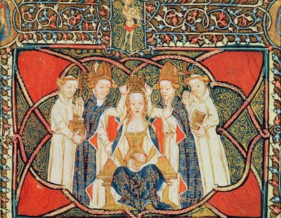 Ms 197 f.19v Kroning van een koningin, uit Liber Regalis door English School