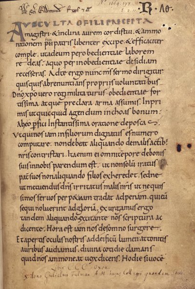 Ms. 197 f.1r Regel van St. Benedictus door English School