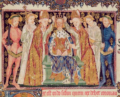 Ms 197 f.3r Kroning van een koning, uit Liber Regalis door English School