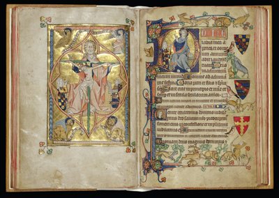 Ms 242 ff.28v-29r De Drie-eenheid en de Troon van Genade in een gehistorieerde initiaal D, uit de Packham-Clifford Getijden, Gebruik van Sarum, c.1314-31 door English School