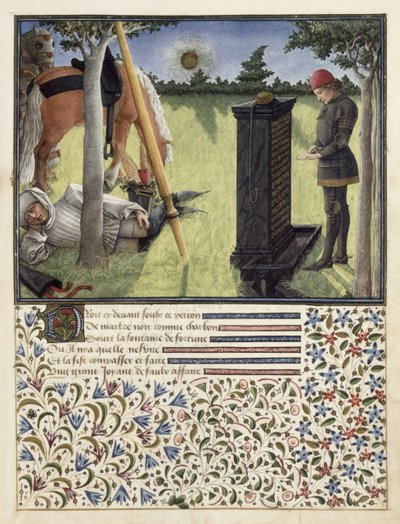 Ms. 2597 Bij zonsopgang leest Hart de inscriptie op de Betoverde Fontein, facsimile editie van Livre du Coeur d