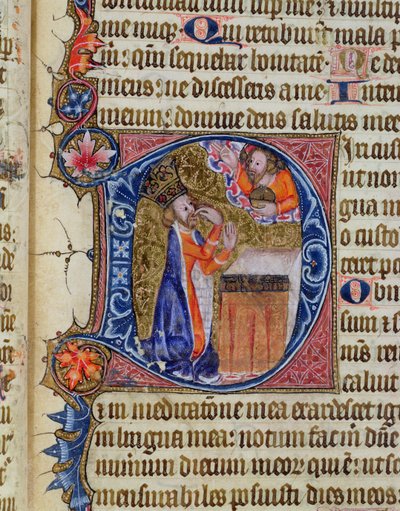 Psalm 38, David wijst naar zijn mond, uit de Ramsey Abbey Psalter, ca.1380 door English School