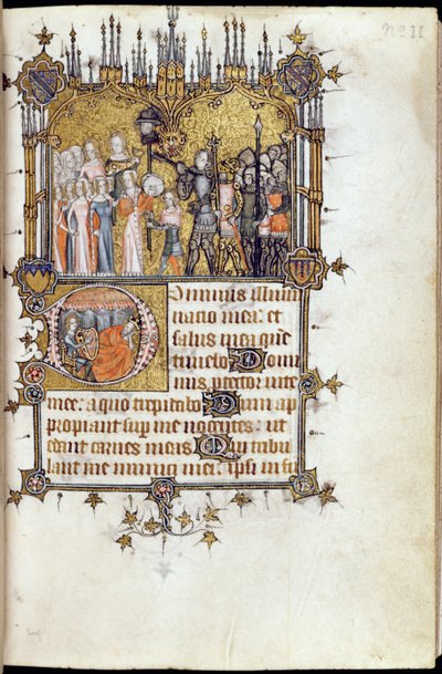David aan het hoofd van een processie met het hoofd van Goliath op een lans, uit de Bohun Psalter, c.1370 door English School