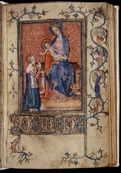 Ms 48, f.86r: De eigenaar van het manuscript bidt tot de Maagd en het Kind, uit de Carew-Poyntz Getijden, Gebruik van Sarum, c.1390-1400 door English School