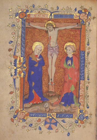 Ms 515 fol.108r Kruisiging met St. Maria en St. Johannes de Doper, uit het Missaal van St. Botolph Aldersgate, c.1420-30 door English School