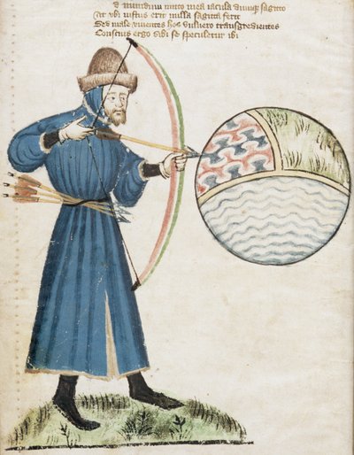 Boogschutter die op een wereldbol schiet, uit Vox Clamatis door John Gower (1330-1408) door English School
