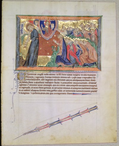 De 7e engel blaast op zijn trompet en de 24 Ouderen aanbidden God, uit de Gulbenkian Apocalyps, c.1265-70 door English School