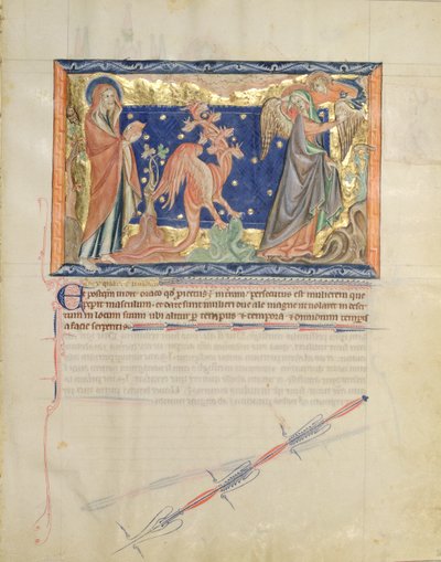 St. Johannes ziet een engel de vrouw helpen ontsnappen aan de rode draak, uit de Gulbenkian Apocalyps, c.1265-70 door English School