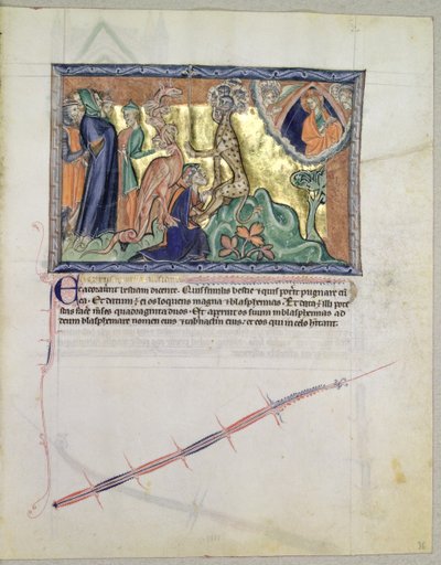 De Heer ziet de mensen het beest van de zee aanbidden in aanwezigheid van de rode draak, uit de Gulbenkian Apocalyps, c.1265-70 door English School