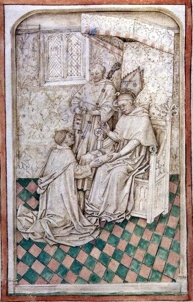 Ms R 14.5 f.8v Thomas Bekynton, Bisschop van Bath en Wells, ontvangt Chaundler, uit het Abingdon Missaal, 1457-61 door English School
