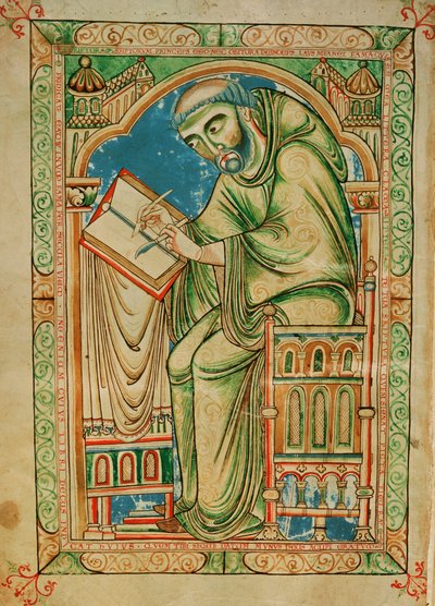 Ms R 17 I f.283v Monnik Eadwine aan het werk aan het manuscript, Eadwine Psalter, ca. 1150 door English School